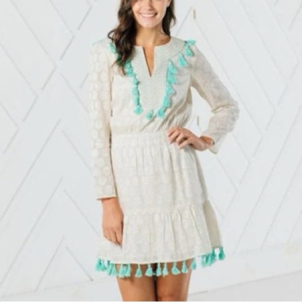 Sail to Sable Aqua Tassel Jacquard Lurex Resort Dress XL NWT